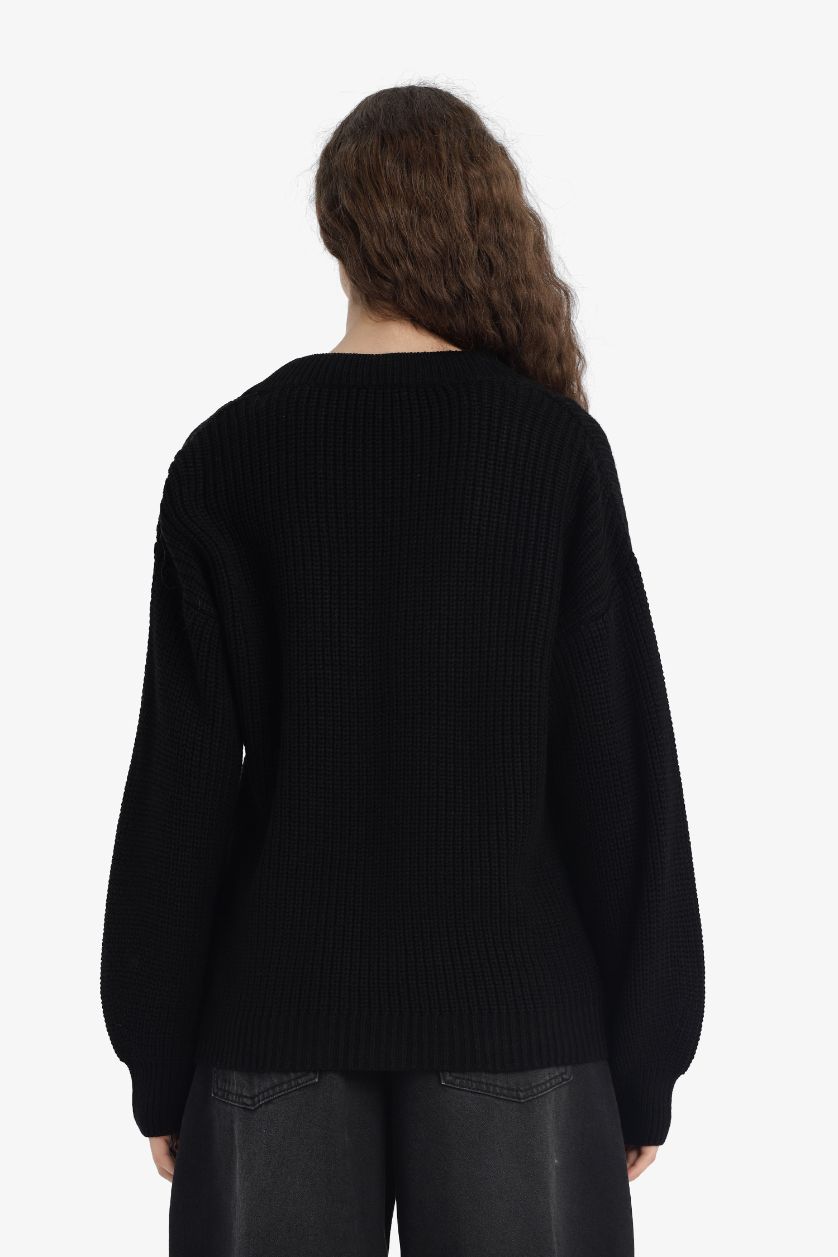 حريمي أسود بلوفر تريكو اوفر سايز بياقة V