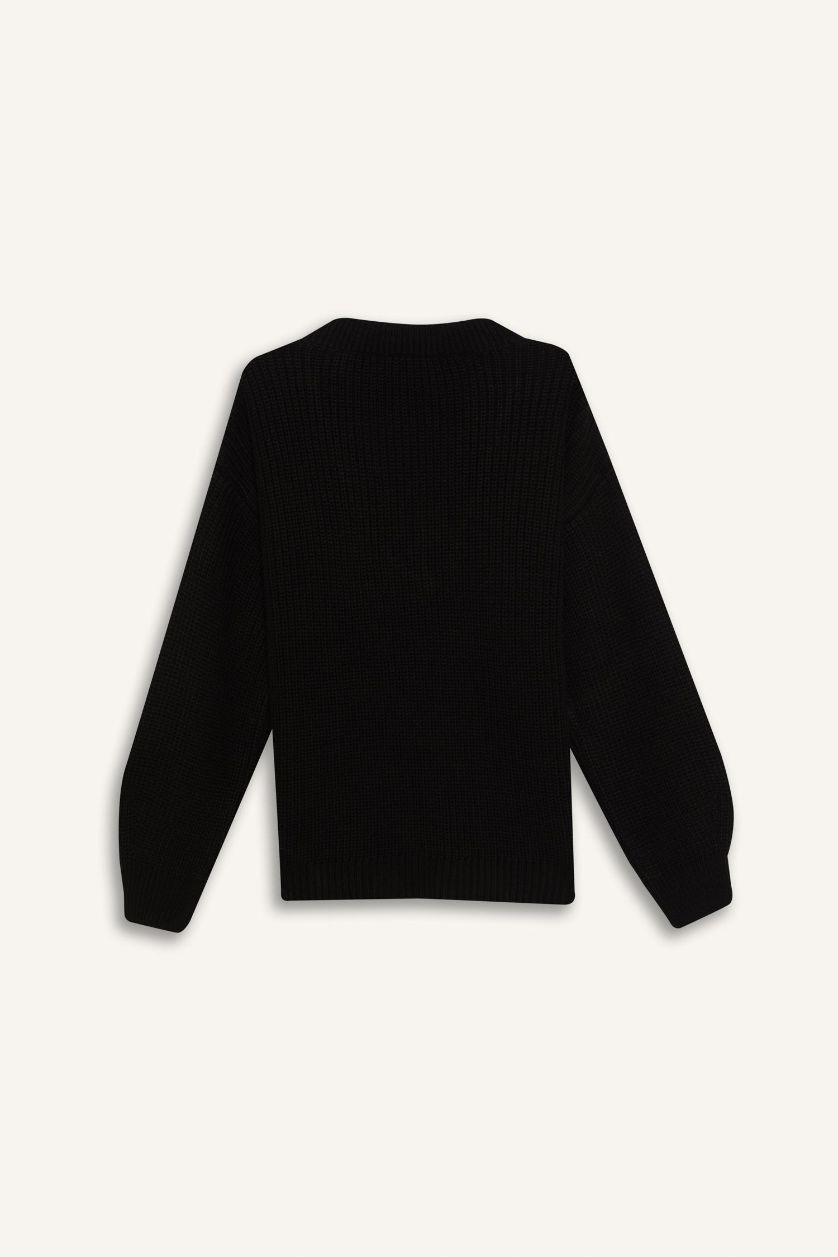 حريمي أسود بلوفر تريكو اوفر سايز بياقة V