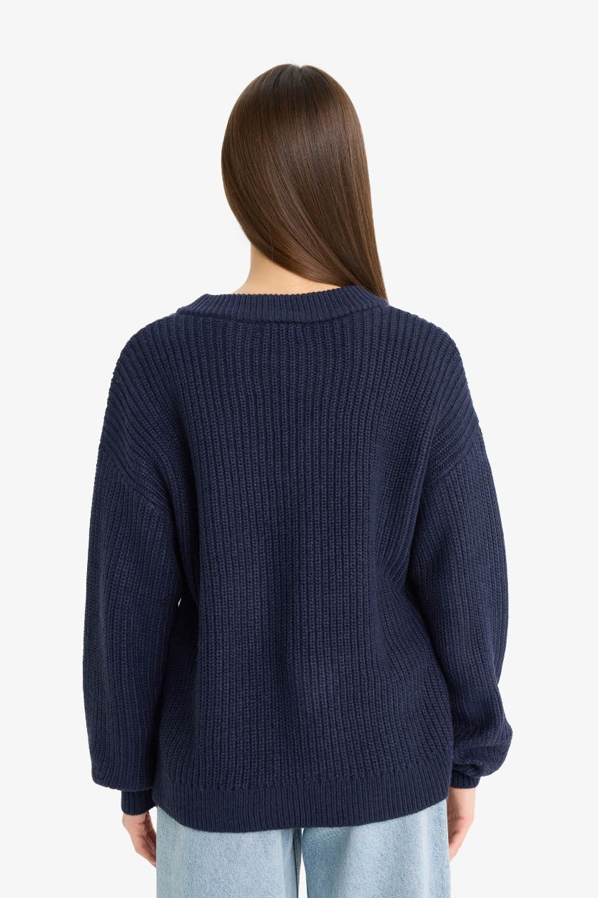 Kadın Lacivert Oversize Geniş Kalıp V Yaka Triko Kazak