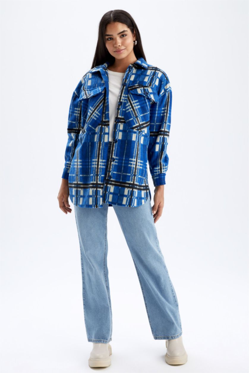 FEMME Bleu Tunique À Manches Longues Flanelle Coupe Régulière Carreaux