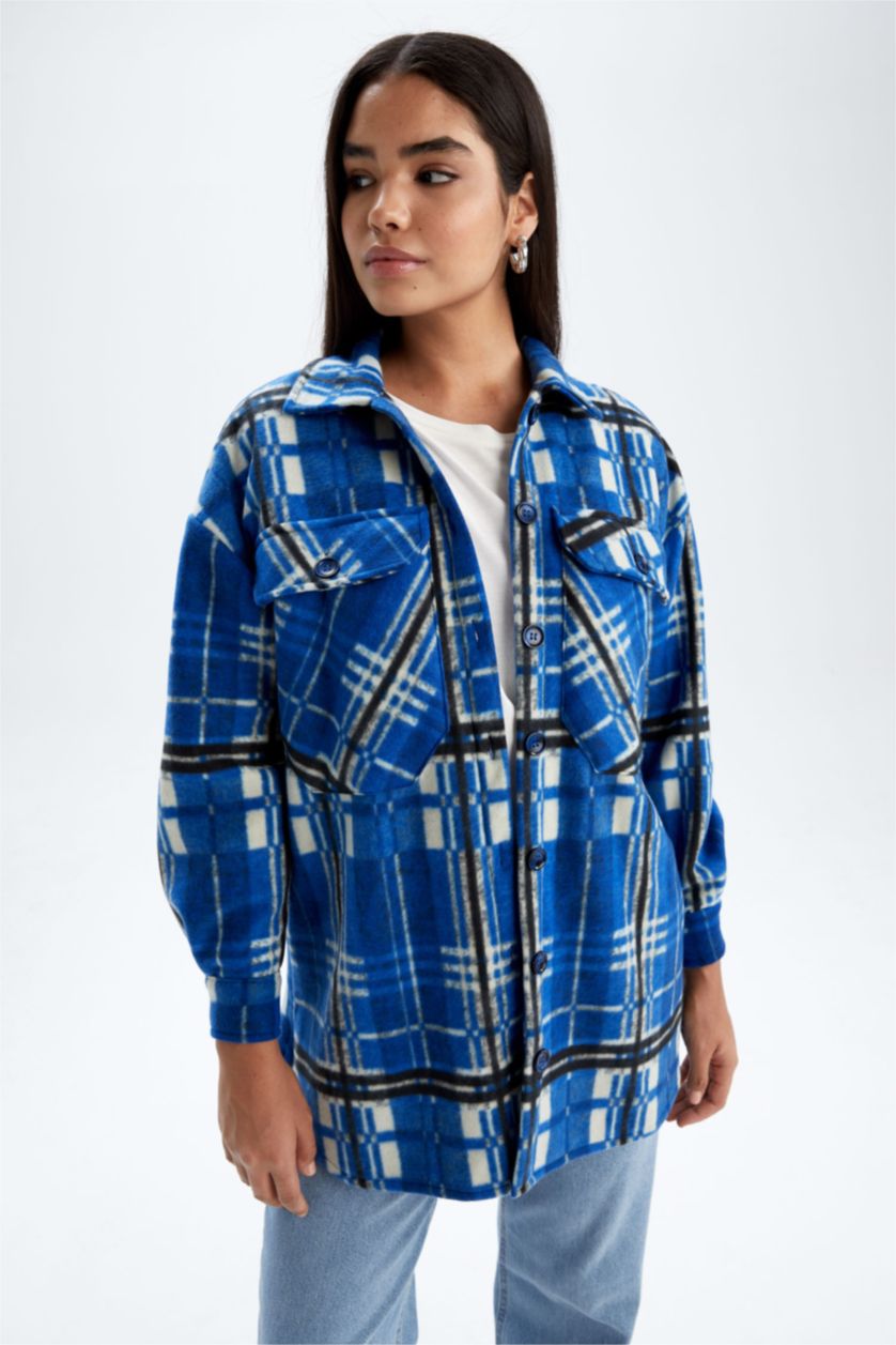 FEMME Bleu Tunique À Manches Longues Flanelle Coupe Régulière Carreaux