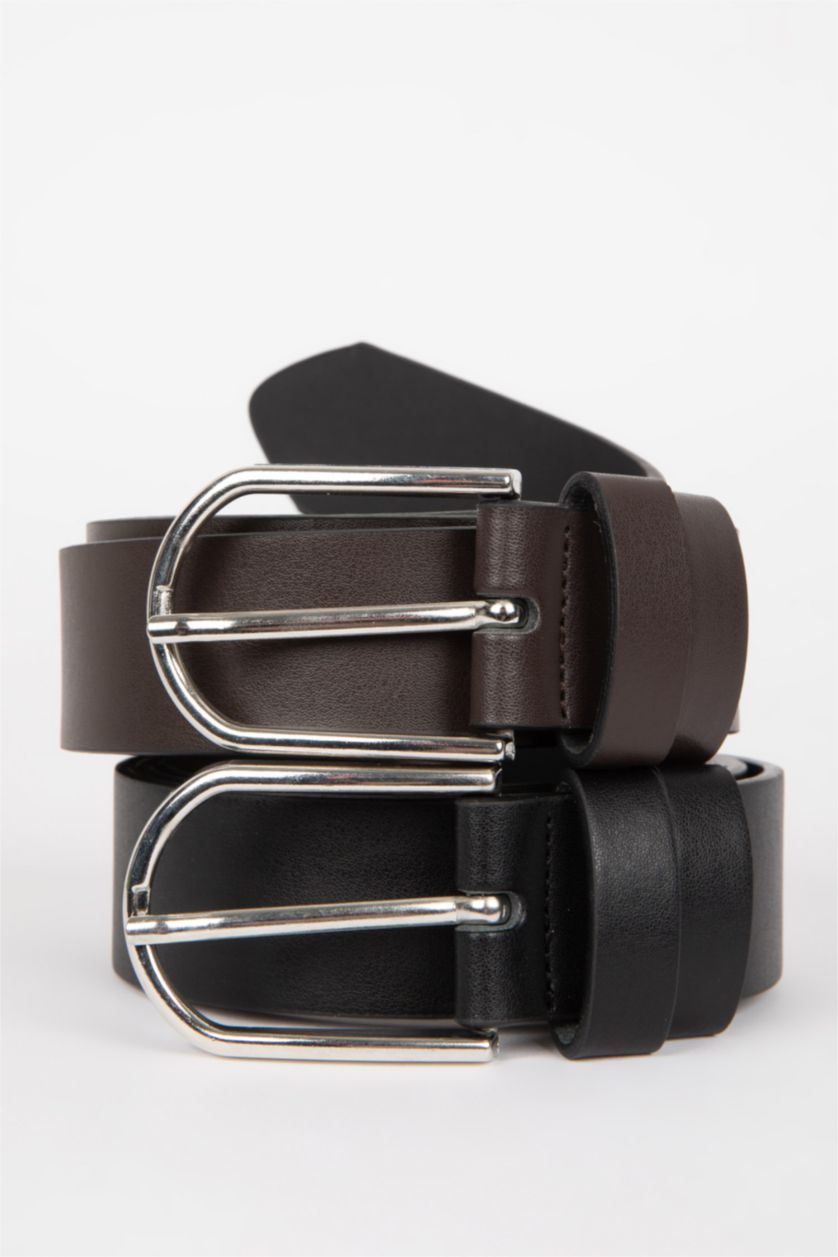 Erkek Karma Erkek Oval Toka Suni Deri 2'li Klasik Kemer