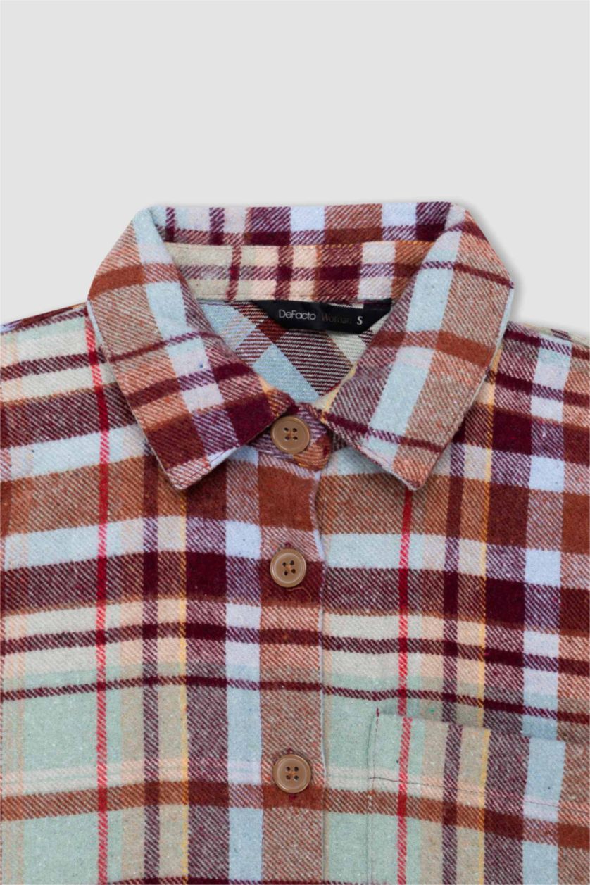 WOMAN Beige Oversize Fit Flannel Long Sleeve Shirt