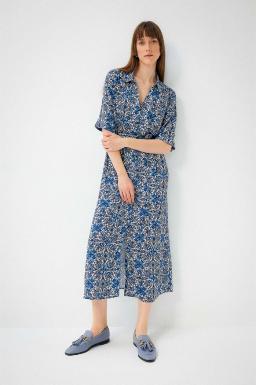 WOMAN Blue Shirt Collar Patterned Maxi Short Sleeve Dress