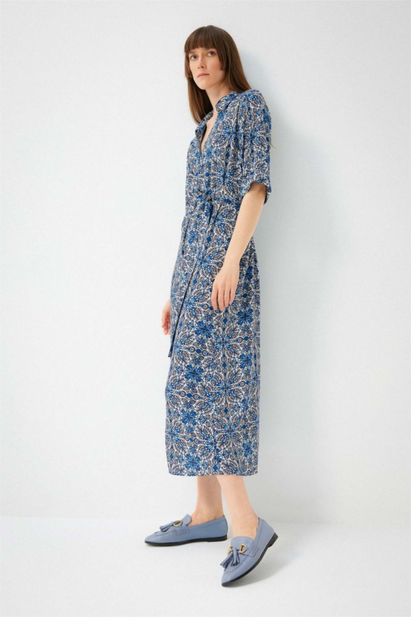 WOMAN Blue Shirt Collar Patterned Maxi Short Sleeve Dress