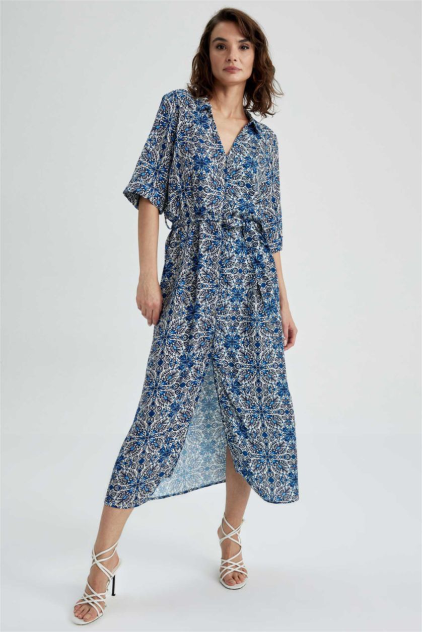 WOMAN Blue Shirt Collar Patterned Maxi Short Sleeve Dress