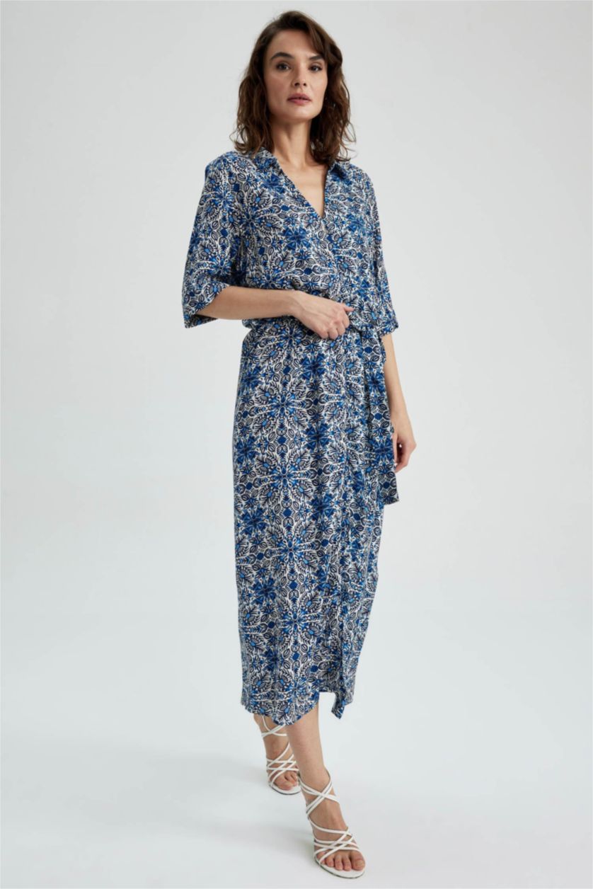 WOMAN Blue Shirt Collar Patterned Maxi Short Sleeve Dress