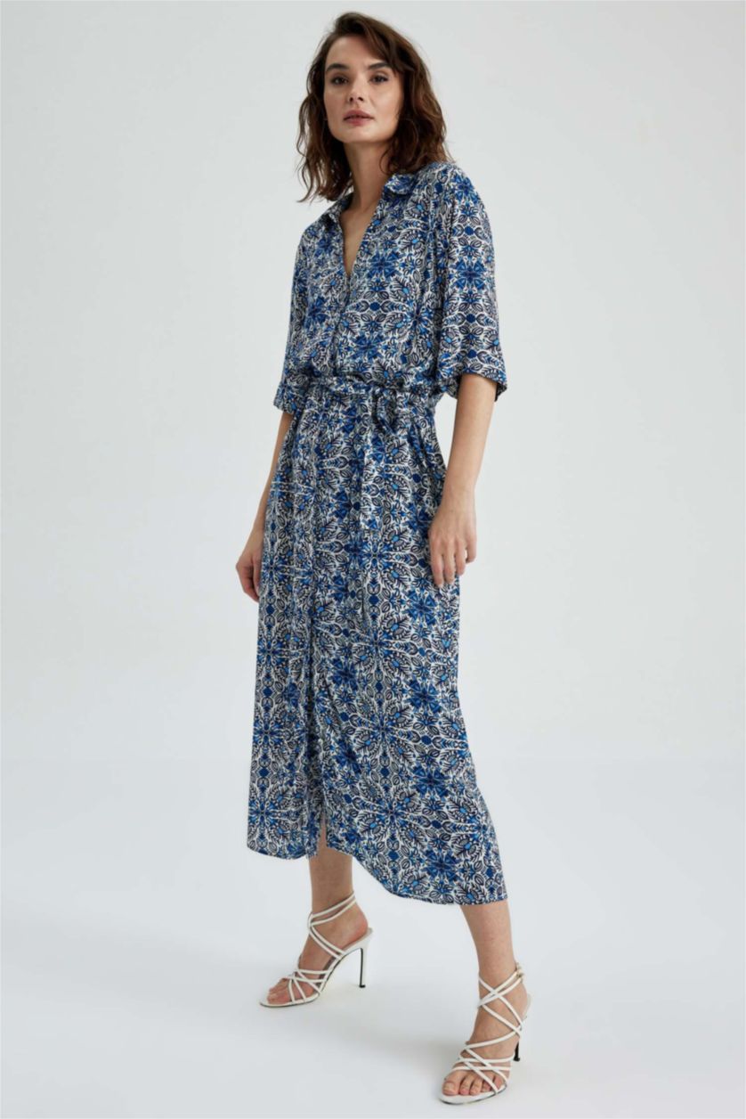 WOMAN Blue Shirt Collar Patterned Maxi Short Sleeve Dress