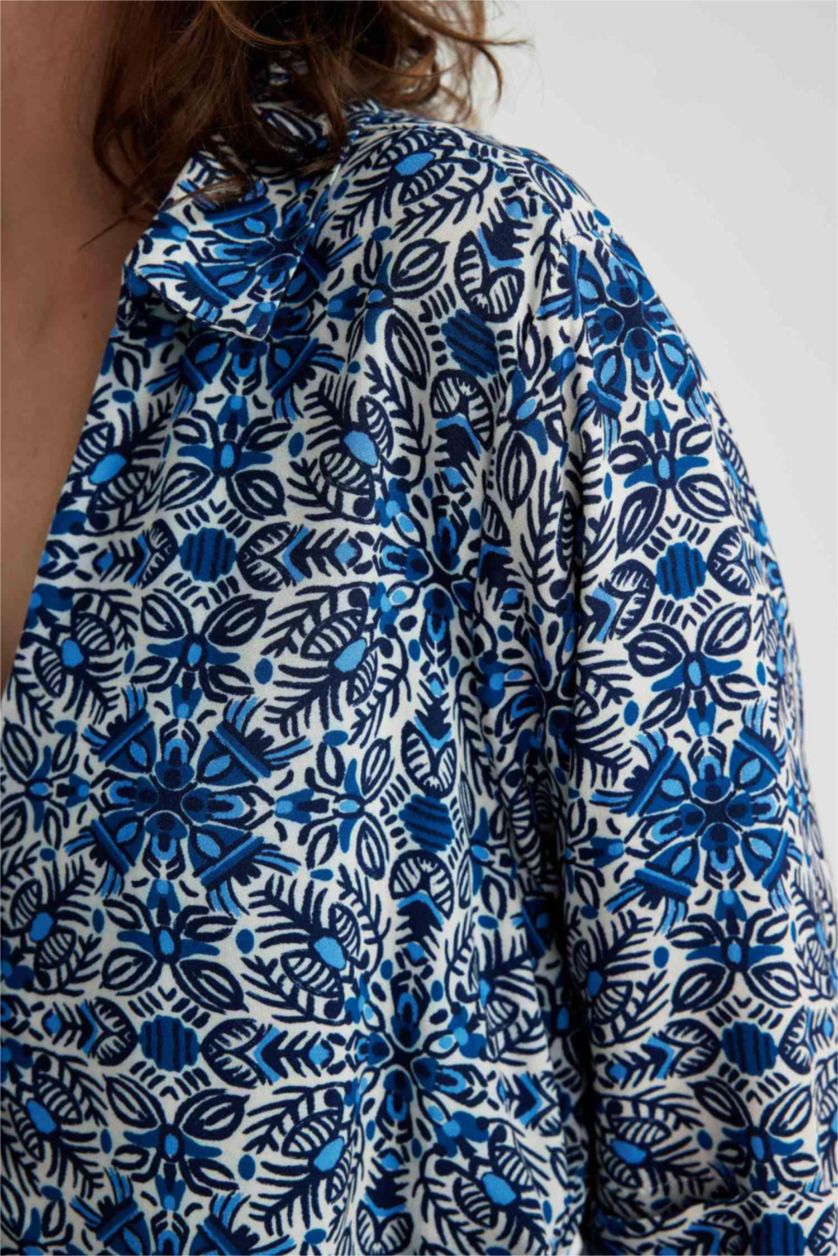 WOMAN Blue Shirt Collar Patterned Maxi Short Sleeve Dress