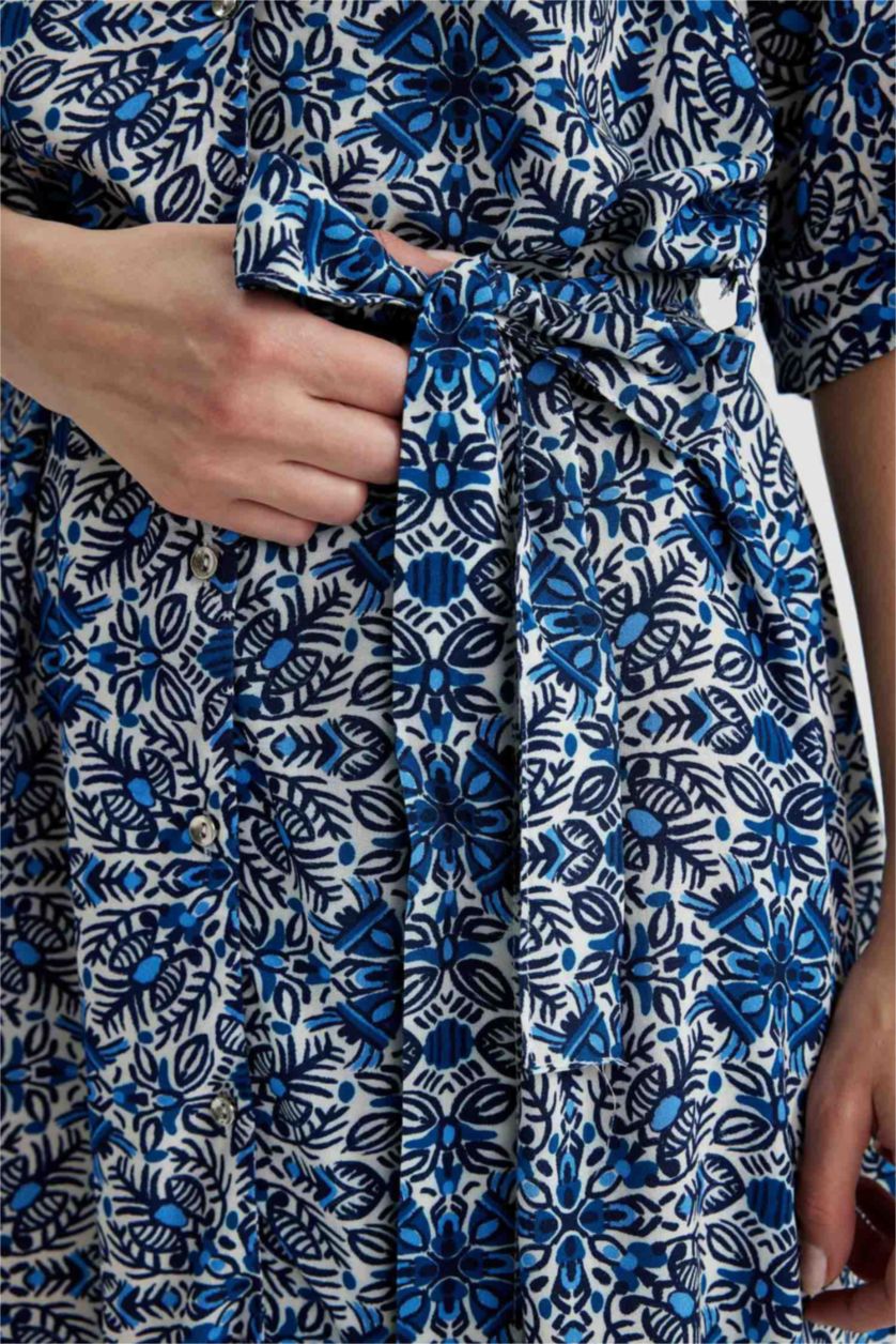 WOMAN Blue Shirt Collar Patterned Maxi Short Sleeve Dress