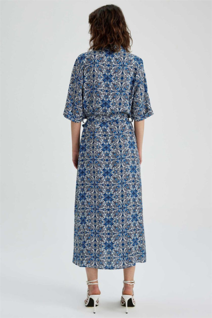 WOMAN Blue Shirt Collar Patterned Maxi Short Sleeve Dress