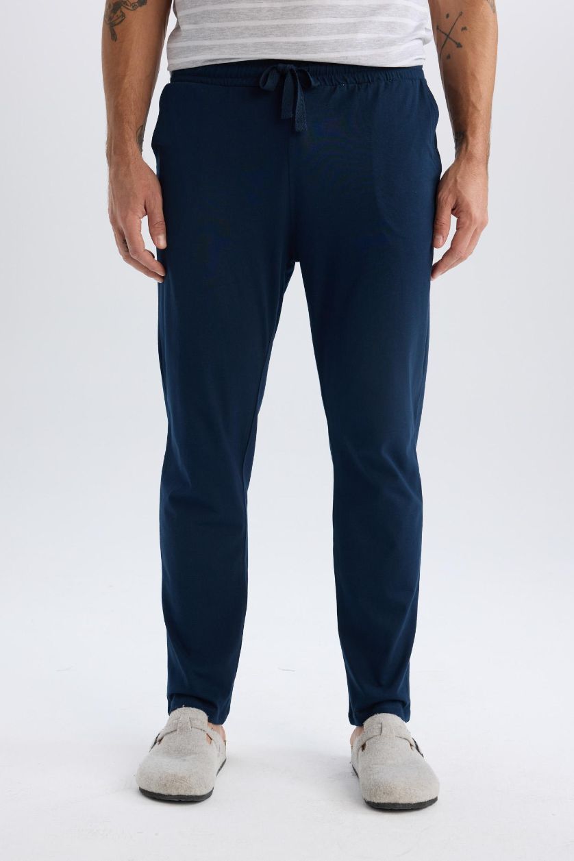 Erkek Lacivert %100 Pamuk Regular Fit Beli Bağcıklı Düz Paça Cepli Pijama Altı