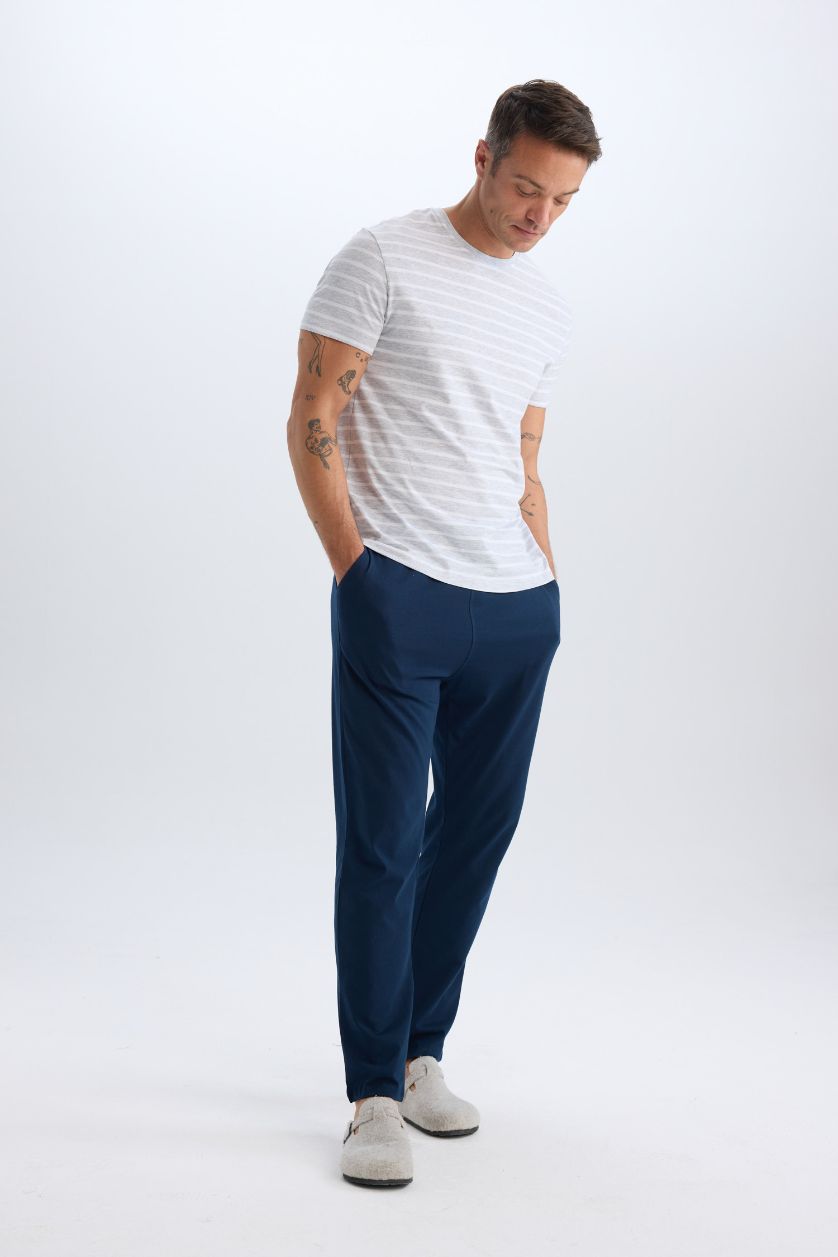 Erkek Lacivert %100 Pamuk Regular Fit Beli Bağcıklı Düz Paça Cepli Pijama Altı