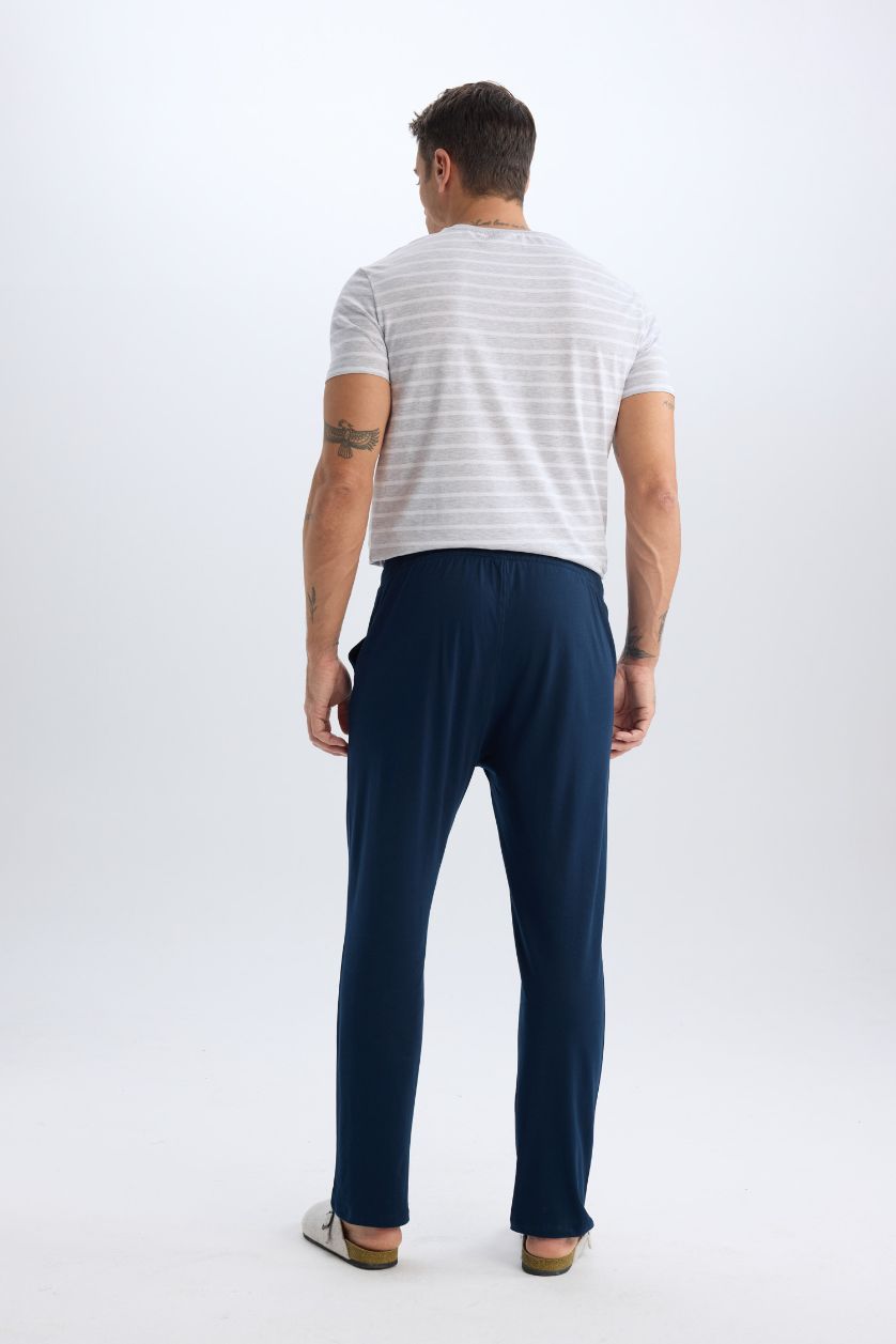 Erkek Lacivert %100 Pamuk Regular Fit Beli Bağcıklı Düz Paça Cepli Pijama Altı