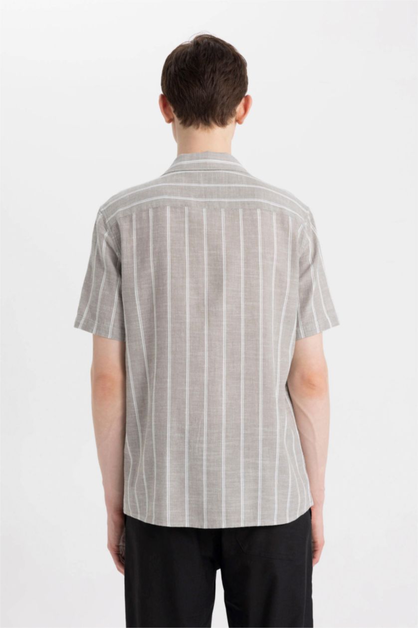 Erkek Haki %100 Pamuk Regular Fit Yazlık Polo Yaka Pamuklu Çizgili Kısa Kollu Gömlek