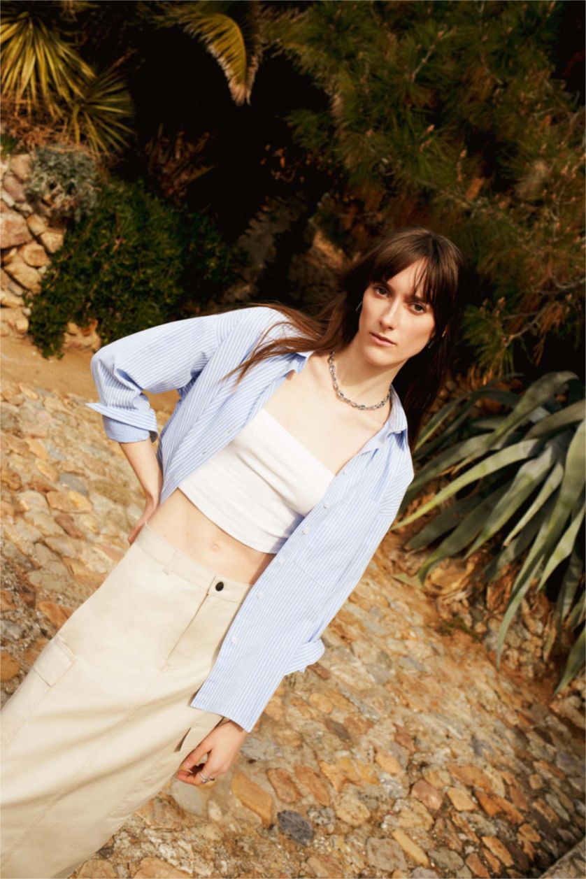 حريمي أزرق فاتح قميص بوبلين مطبوع اوفر سايز