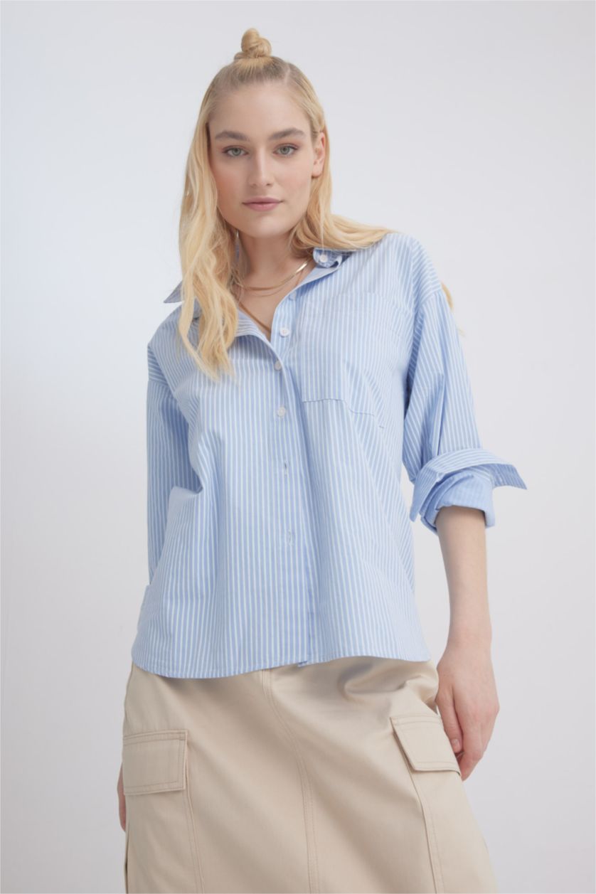 حريمي أزرق فاتح قميص بوبلين مطبوع اوفر سايز