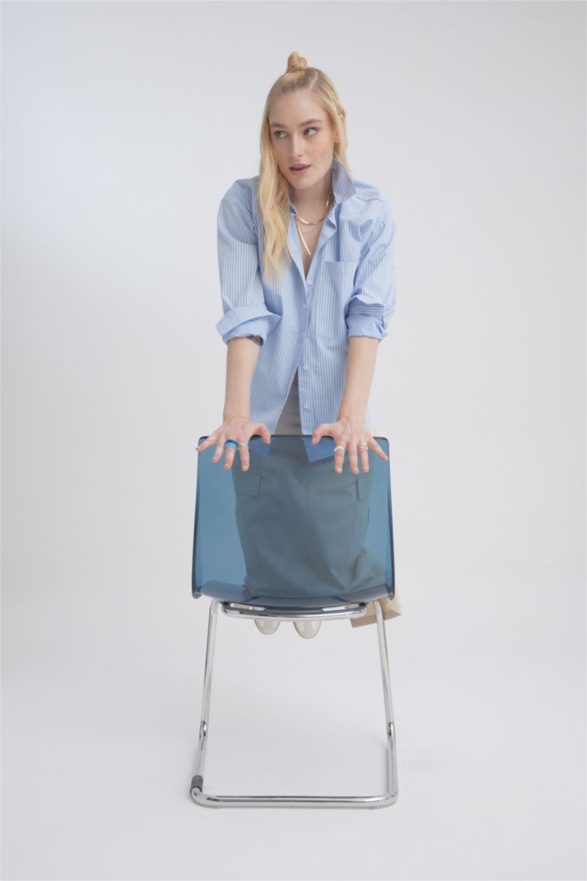 حريمي أزرق فاتح قميص بوبلين مطبوع اوفر سايز