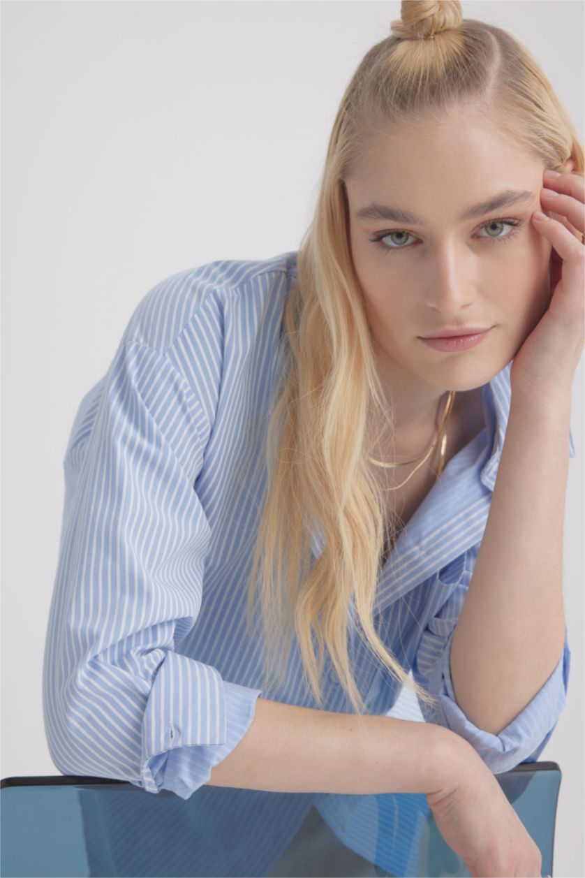 حريمي أزرق فاتح قميص بوبلين مطبوع اوفر سايز