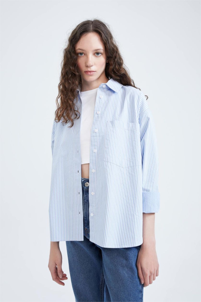 حريمي أزرق فاتح قميص بوبلين مطبوع اوفر سايز