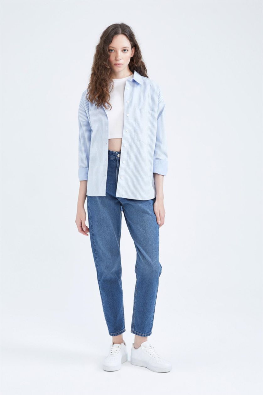 حريمي أزرق فاتح قميص بوبلين مطبوع اوفر سايز