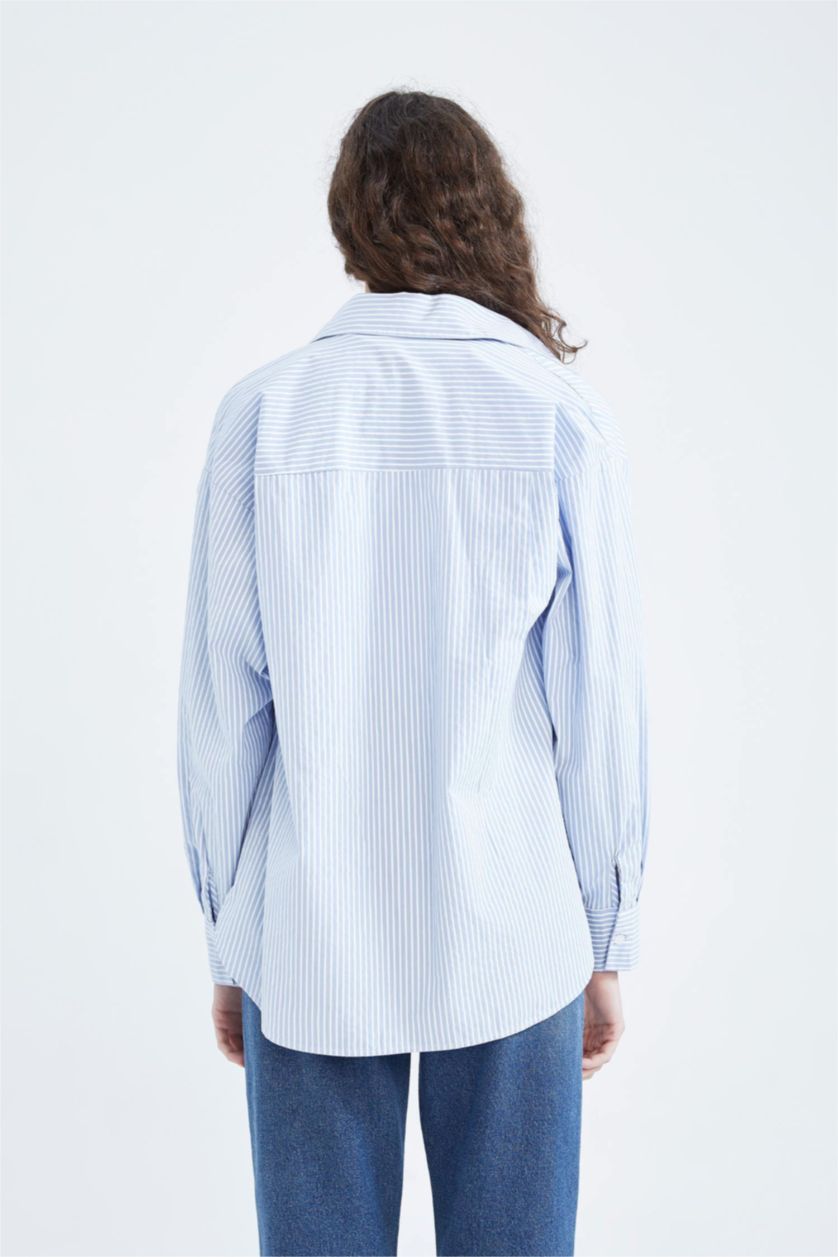 حريمي أزرق فاتح قميص بوبلين مطبوع اوفر سايز