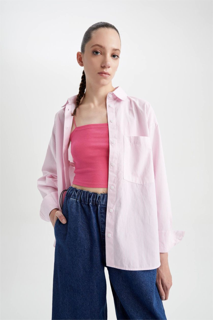 WOMAN Pink Oversize Fit Shirt Collar Printed Poplin Long Sleeve Shirt
