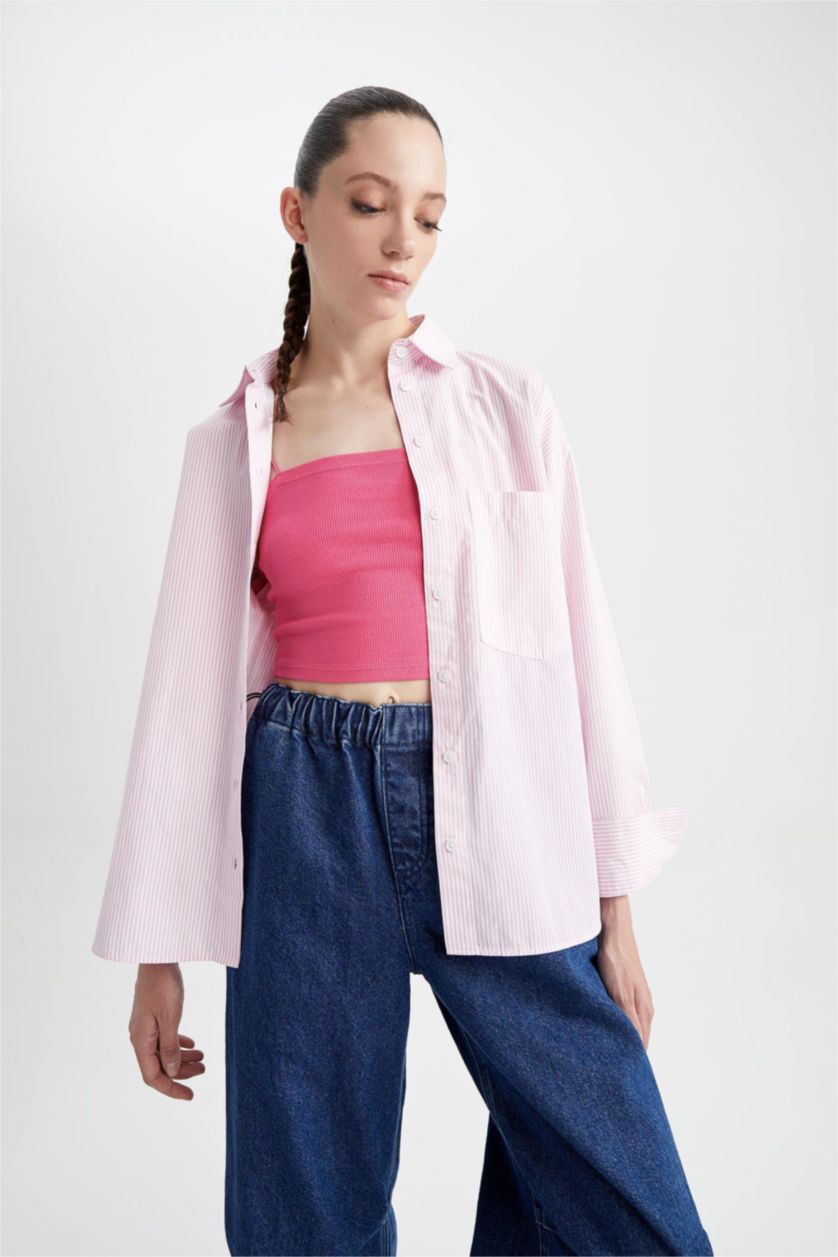 WOMAN Pink Oversize Fit Shirt Collar Printed Poplin Long Sleeve Shirt