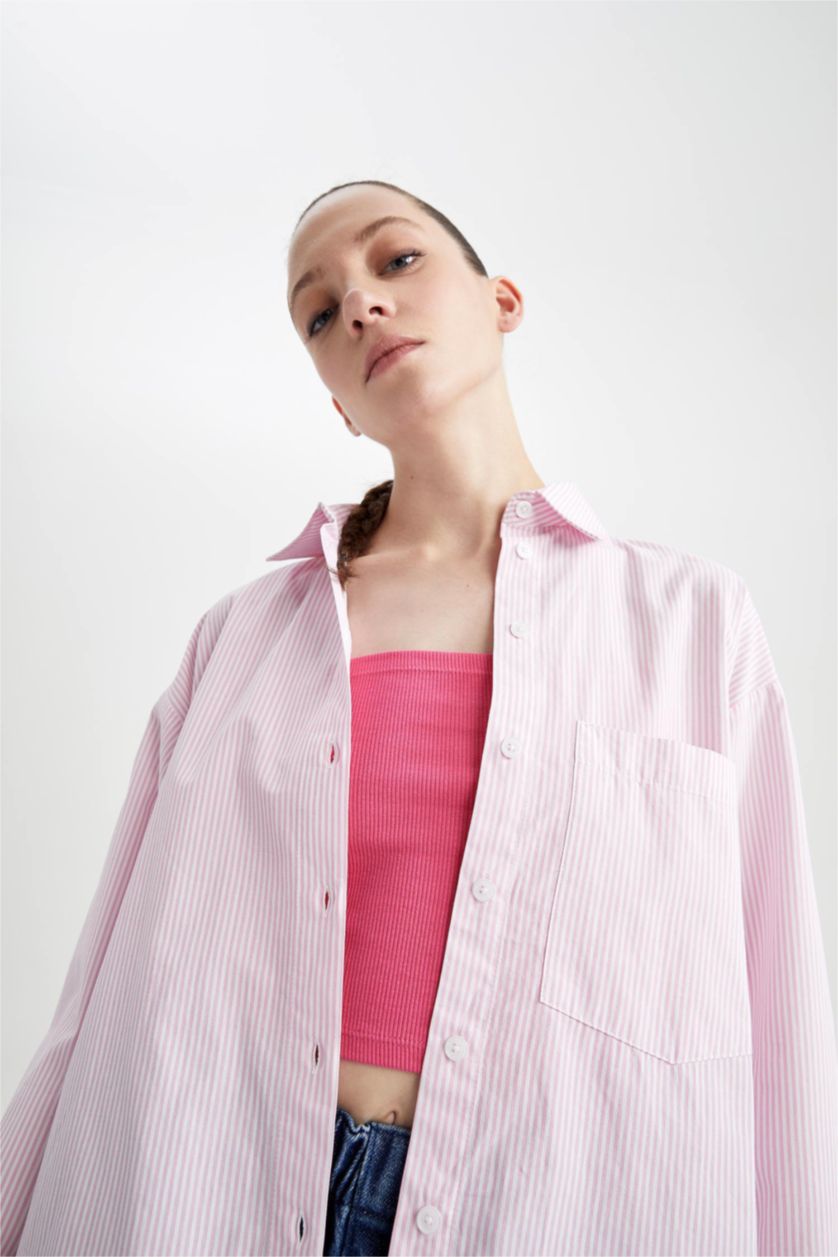 WOMAN Pink Oversize Fit Shirt Collar Printed Poplin Long Sleeve Shirt