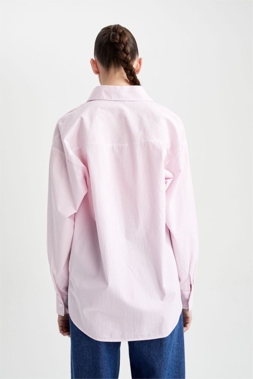 WOMAN Pink Oversize Fit Shirt Collar Printed Poplin Long Sleeve Shirt