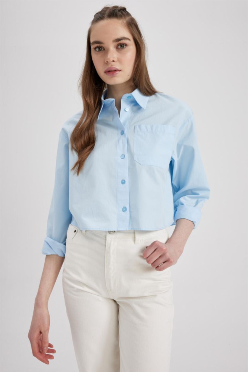 WOMAN Light Blue Regular Fit Poplin Long Sleeve Shirt