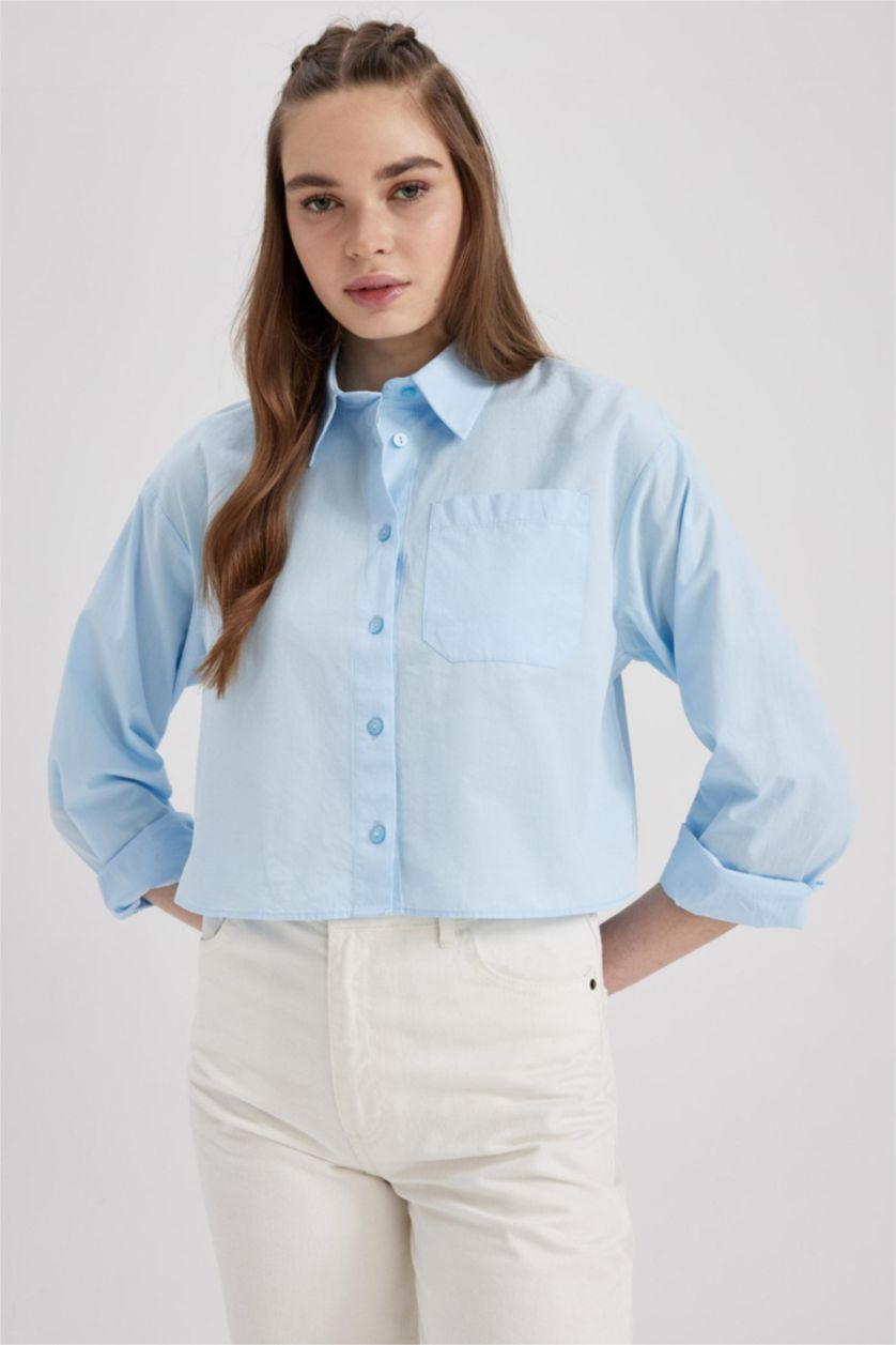 WOMAN Light Blue Regular Fit Poplin Long Sleeve Shirt