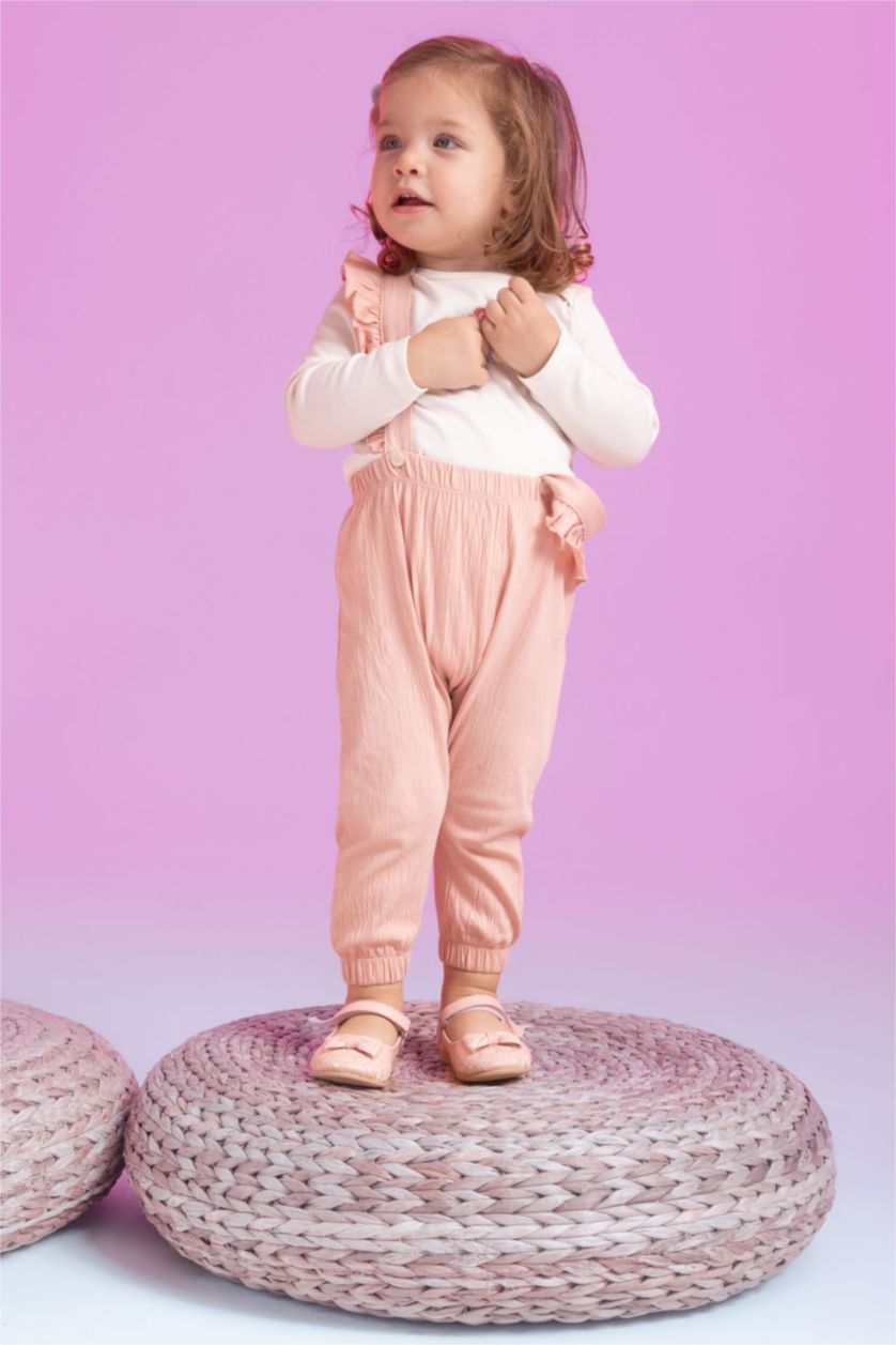 BABY GIRL Ecru Baby Girl Long Sleeved T-Shirt Crinkle Fabric Salopet 2-Pack Set