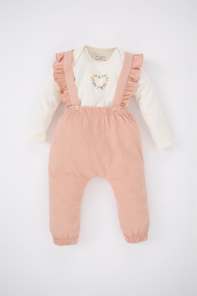 BABY GIRL Ecru Baby Girl Long Sleeved T-Shirt Crinkle Fabric Salopet 2-Pack Set