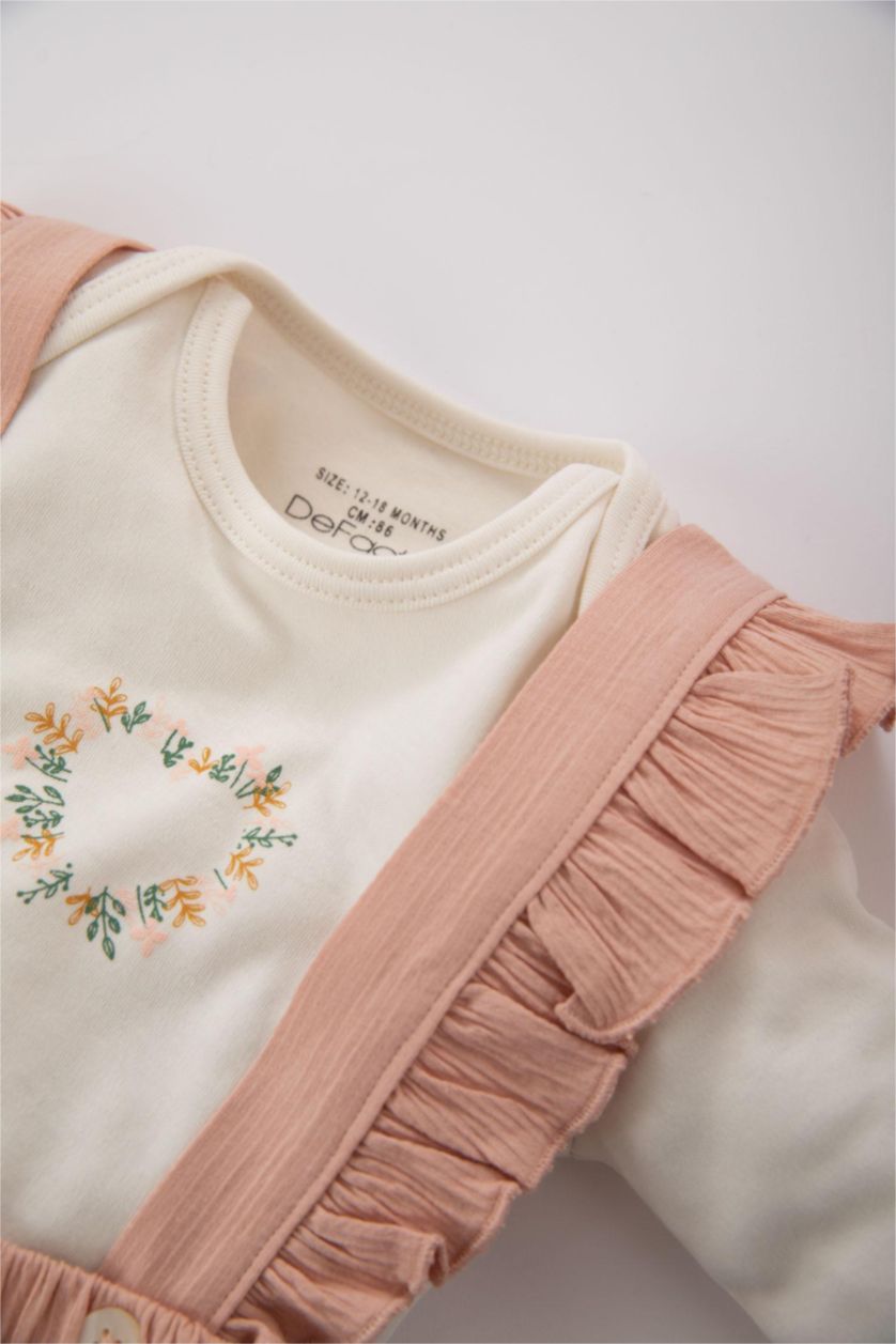 BABY GIRL Ecru Baby Girl Long Sleeved T-Shirt Crinkle Fabric Salopet 2-Pack Set