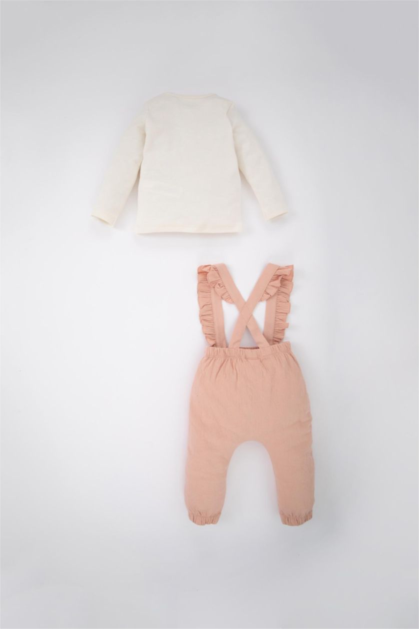 BABY GIRL Ecru Baby Girl Long Sleeved T-Shirt Crinkle Fabric Salopet 2-Pack Set