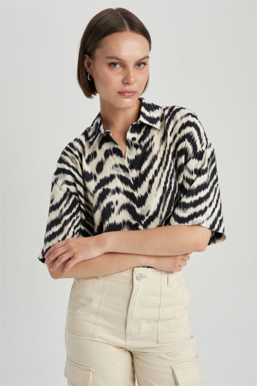 WOMAN Black Oversize Fit Shirt Collar Viscose Printed Short Sleeve Shirt