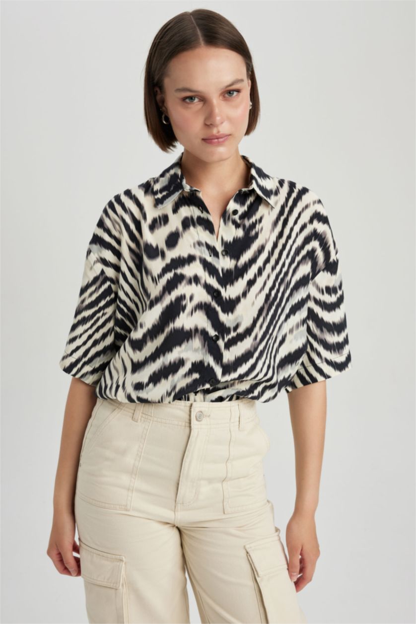 WOMAN Black Oversize Fit Shirt Collar Viscose Printed Short Sleeve Shirt