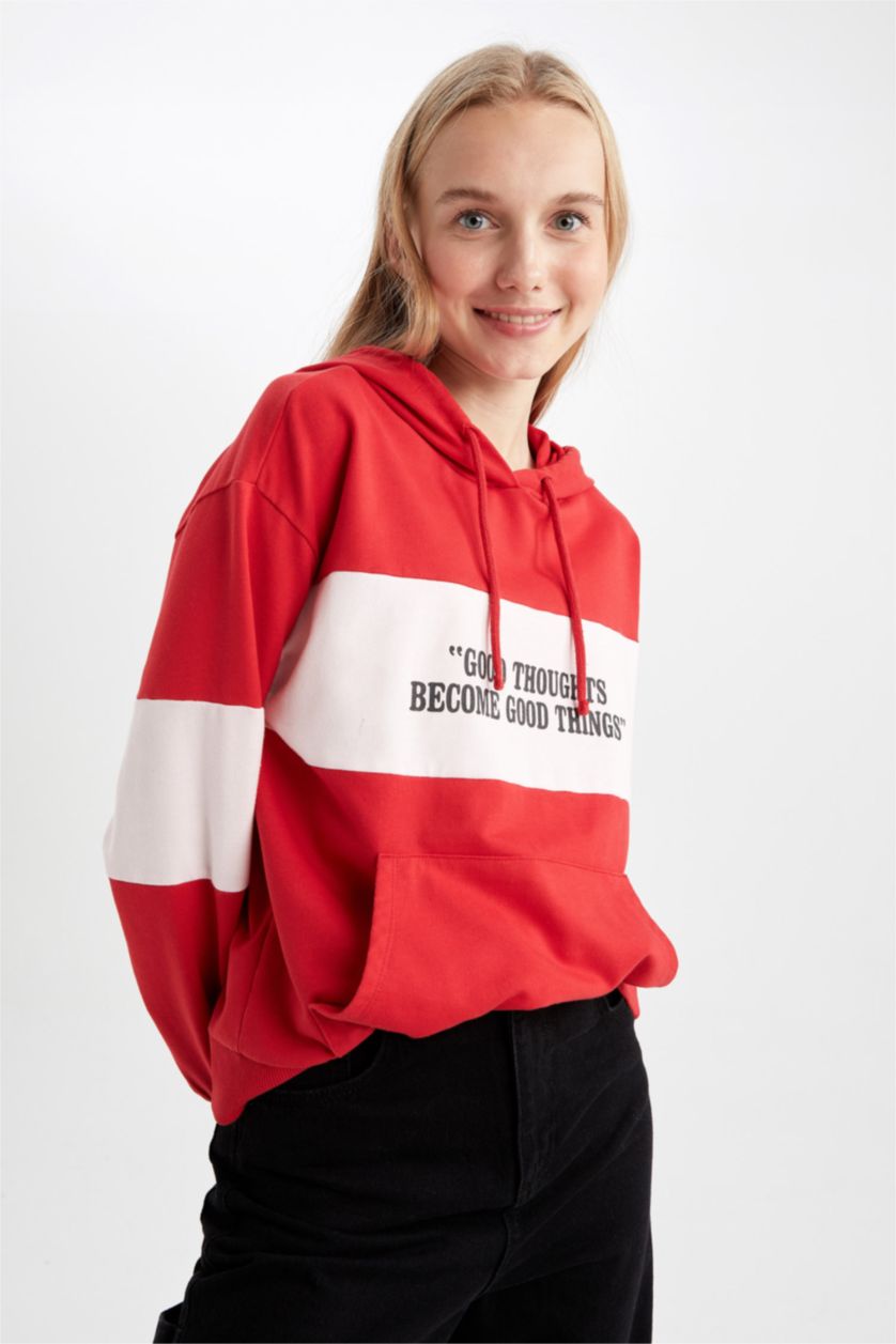 نساء أحمر سويت شيرت أوفر سايز بغطاء للرأس