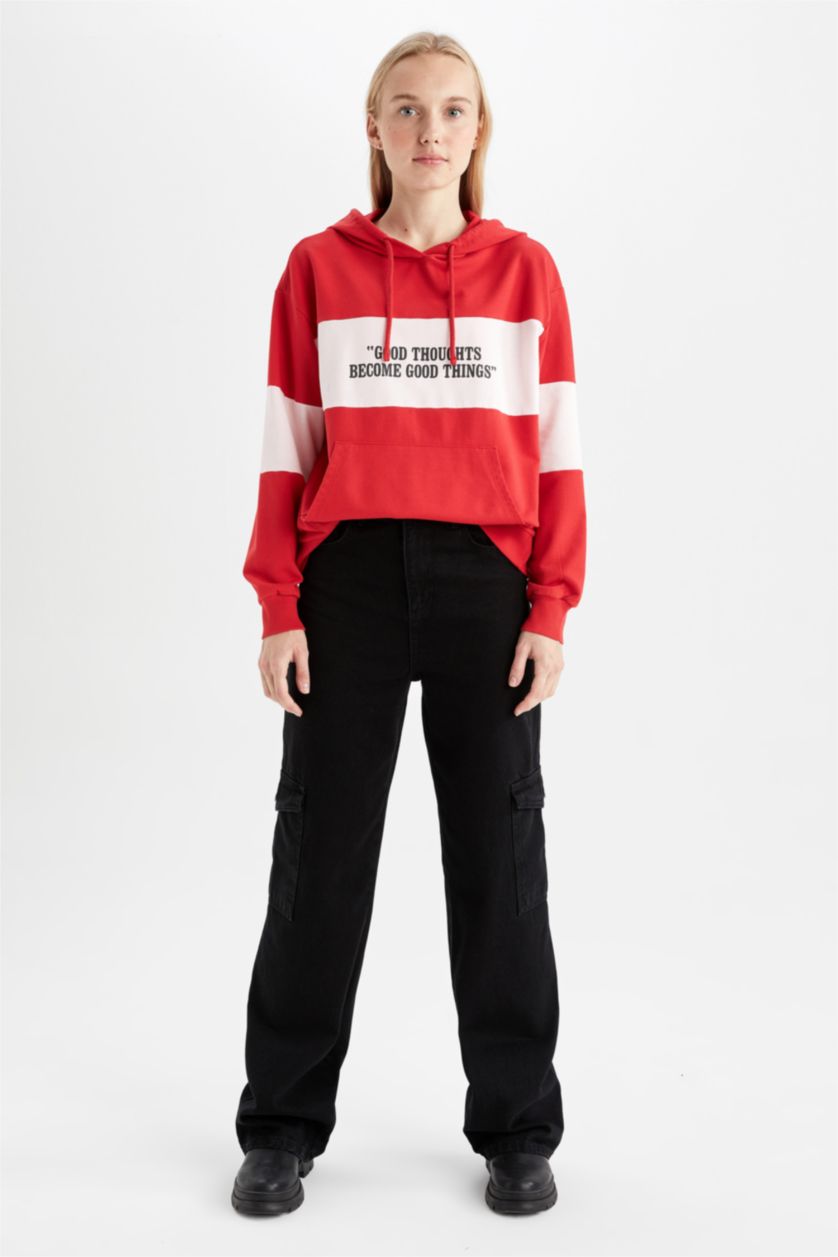 نساء أحمر سويت شيرت أوفر سايز بغطاء للرأس