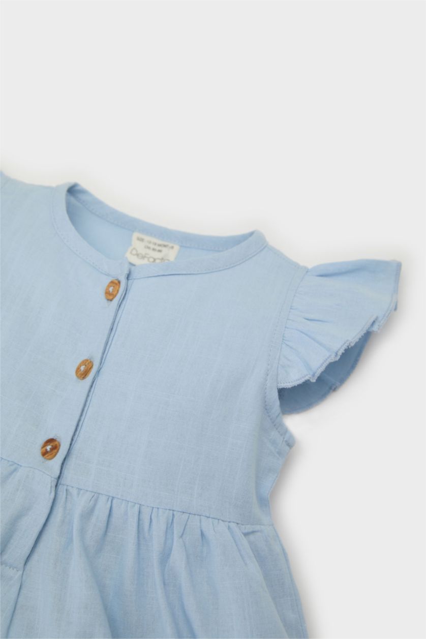 Kız Bebek Açık Mavi Basic Düz Kısa Kollu Flamlı Poplin Yazlık Elbise Kız Bebek