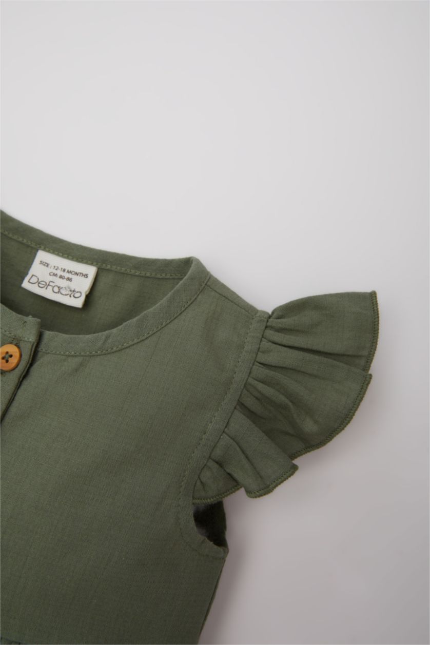 Kız Bebek Yeşil Basic Düz Kısa Kollu Flamlı Poplin Yazlık Elbise Kız Bebek