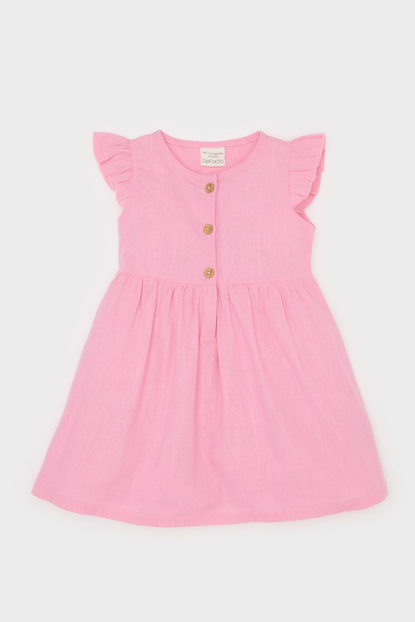 Kız Bebek Pembe Basic Düz Kısa Kollu Flamlı Poplin Yazlık Elbise Kız Bebek