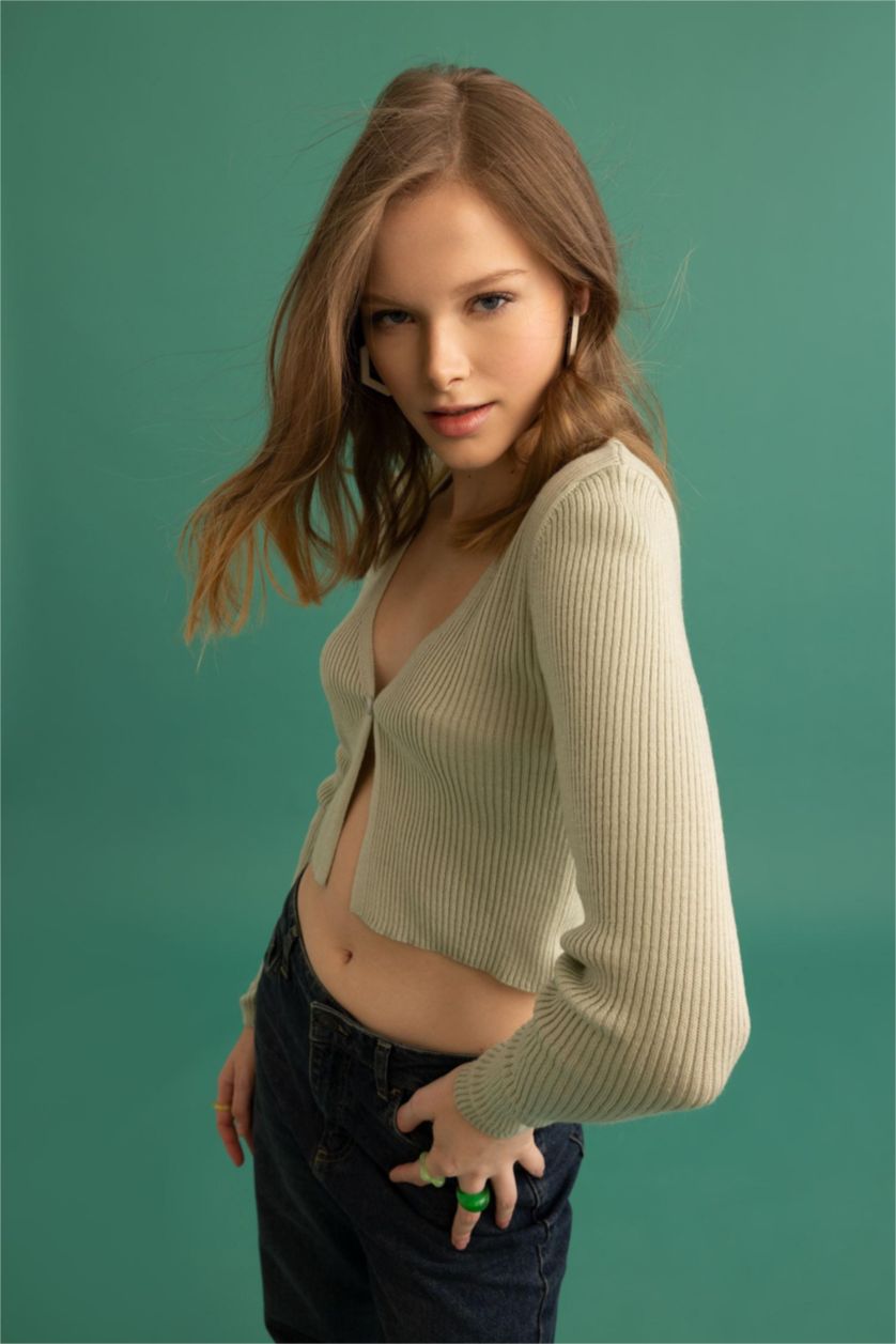 FEMME Bleu Cardigan en Tricot Slim à col en V