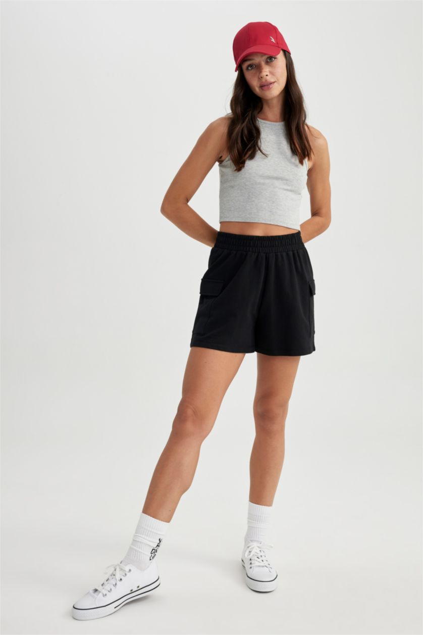 WOMAN Black Regular Fit Thin Sweatshirt Fabric Regular Hem Shorts