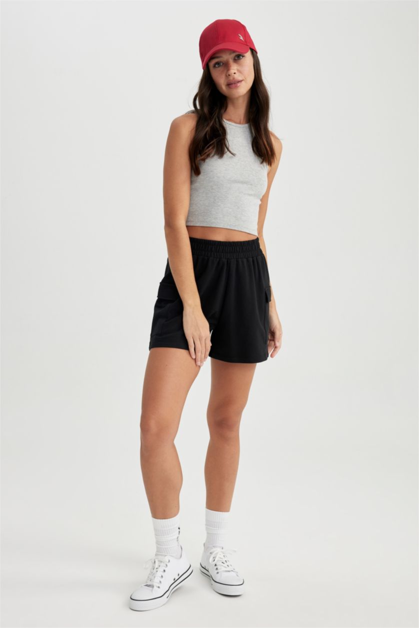 WOMAN Black Regular Fit Thin Sweatshirt Fabric Regular Hem Shorts