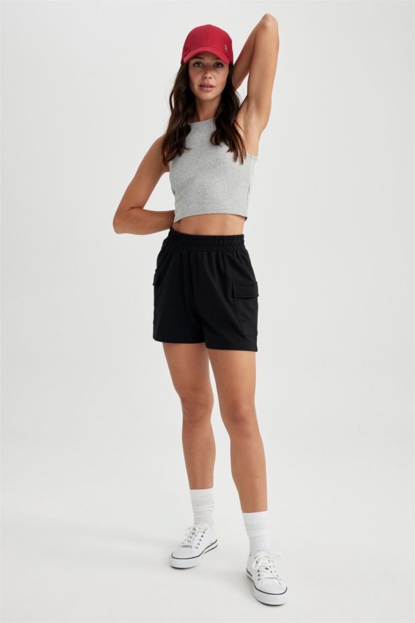 WOMAN Black Regular Fit Thin Sweatshirt Fabric Regular Hem Shorts