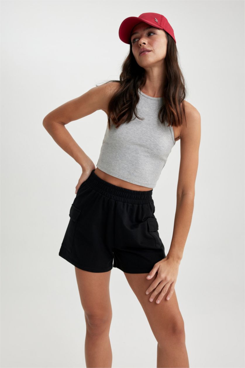 WOMAN Black Regular Fit Thin Sweatshirt Fabric Regular Hem Shorts