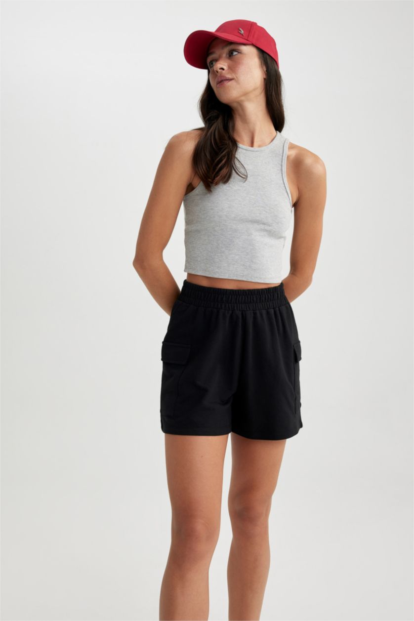 WOMAN Black Regular Fit Thin Sweatshirt Fabric Regular Hem Shorts