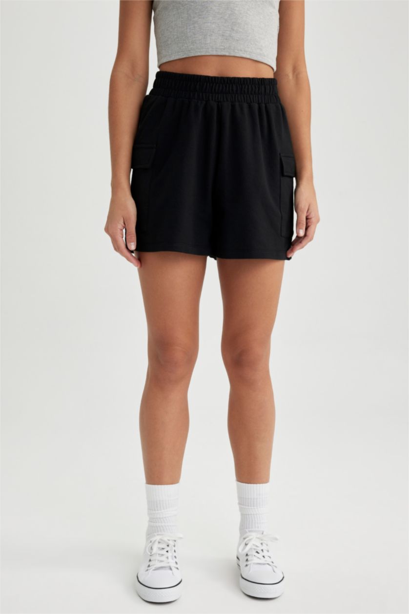 WOMAN Black Regular Fit Thin Sweatshirt Fabric Regular Hem Shorts